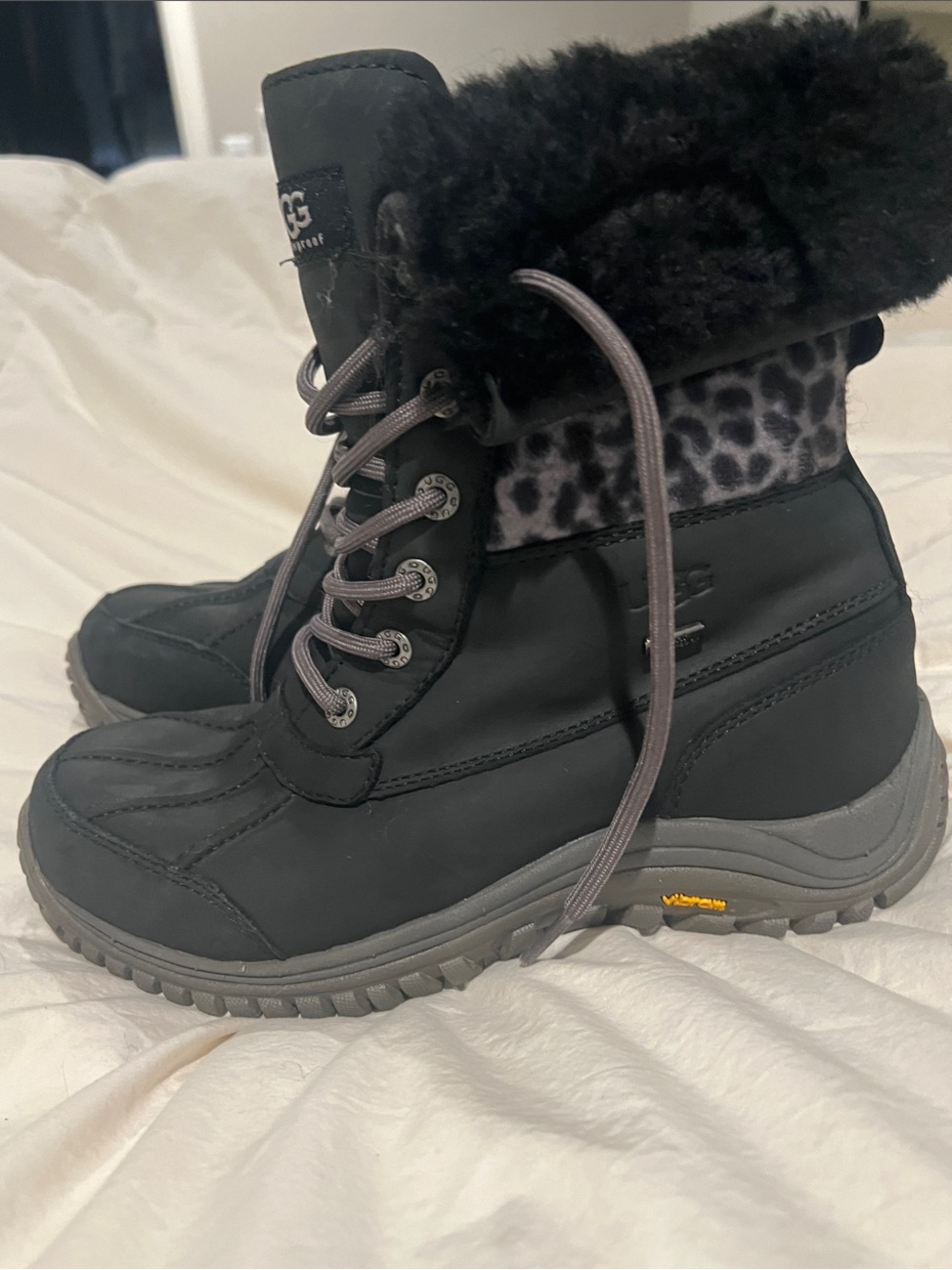 UGG Adirondack Black Winter Lace-Up Boot with Leopard Trim